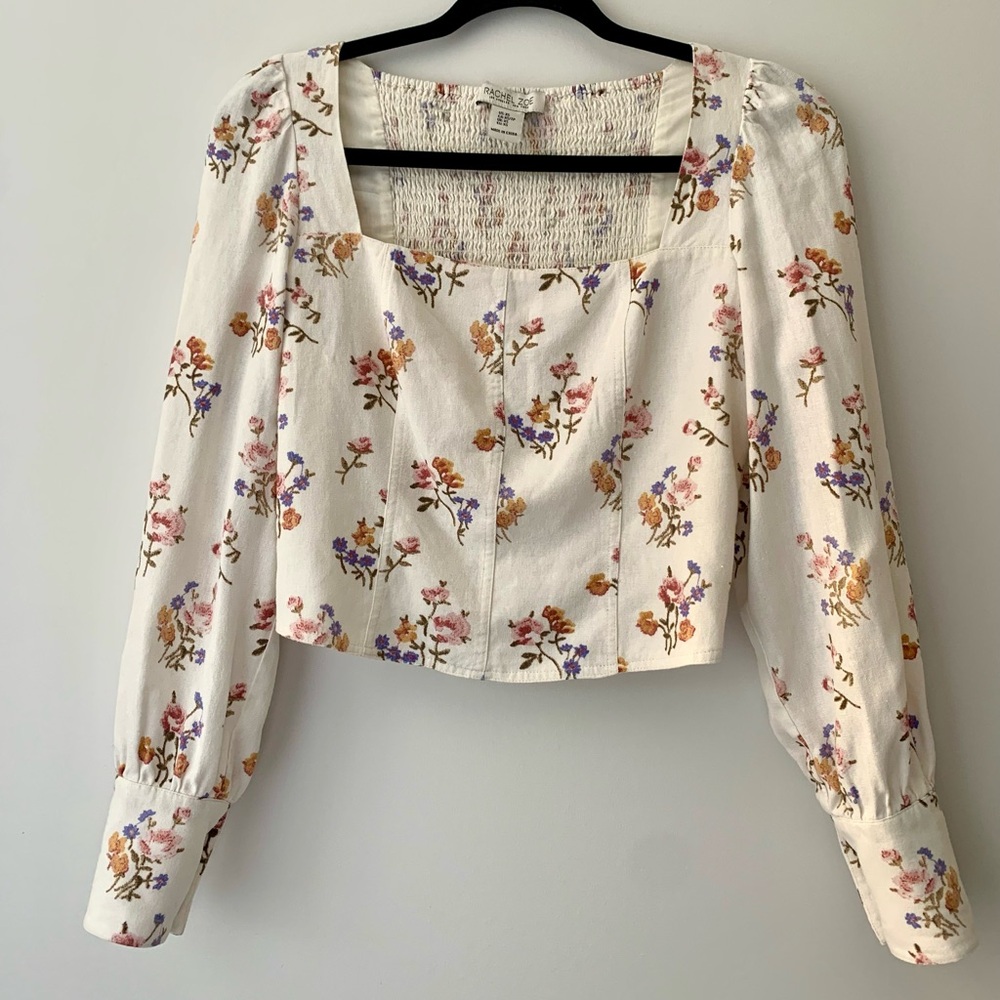 Rachel Zoe Cream Floral Square-Neck Puff Sleeve Crop Top